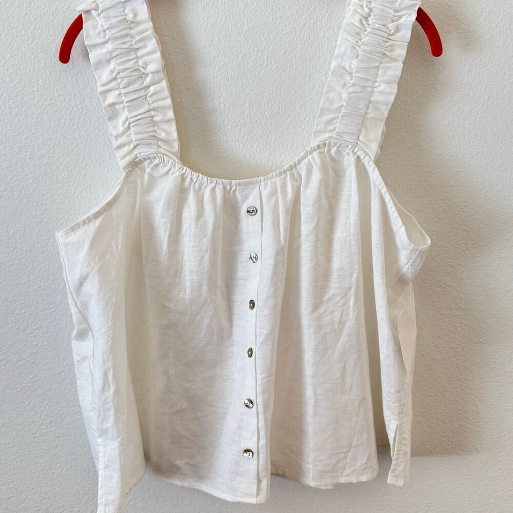 Sleeveless Romantic Cottagecore Top White Cotton Buttons Wide Strap Ruffle Large